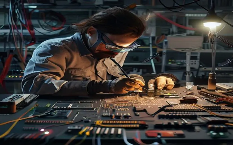 Ilustrasi menakjubkan teknisi sedang merakit alat elektronik canggih dengan alat presisi di bengkel profesional.