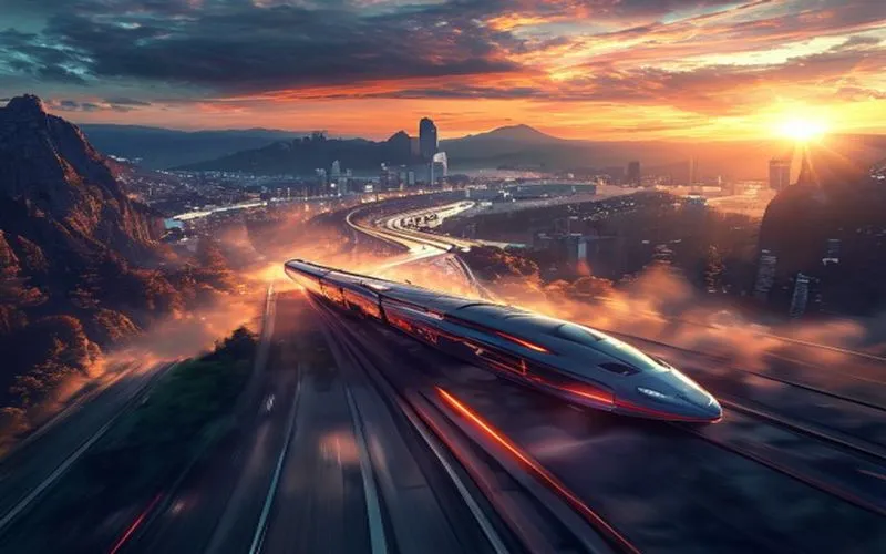 Kereta cepat di pegunungan saat matahari terbenam.