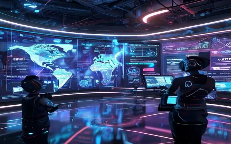 Inside a newsroom, advanced technology systems showcase robots and holographic tech as major parts of the news delivery process. Holographic news anchors present full reports on popular tech topics, and journalist robots monitor news management with new tech data calculations. One main focus is the use of holograms from additional geographies to become sub-offices for the latest digital news director.