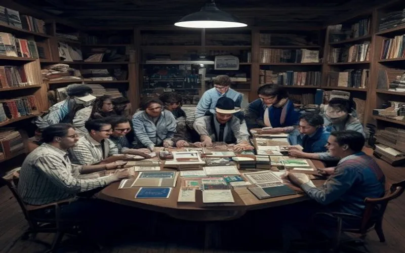 Individuals collaborating amidst scientific documents and laptops, reflecting deep research and development in technology