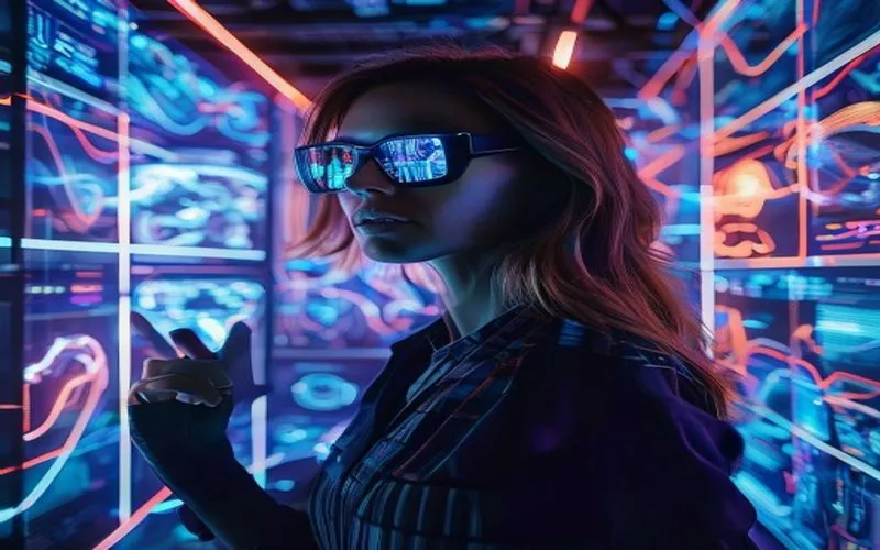 Jurnalis data di studio futuristik, menganalisis tren teknologi mutakhir dengan holografis canggih.