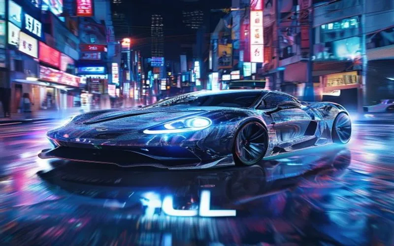 Mobil listrik futuristik berkilau di jalan neon, malam kota yang dinamis