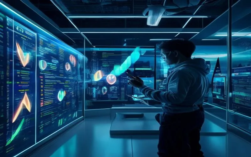 Analisis SEO futuristik di ruang kontrol modern, menampilkan grafik dan data holografik.