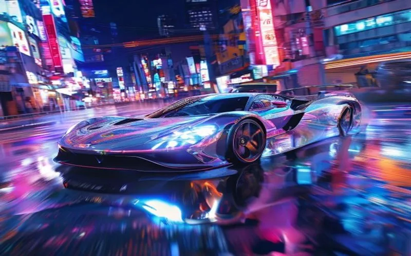 Mobil hypercar futuristik di jalan Tokyo malam, lampu neon, aspal basah