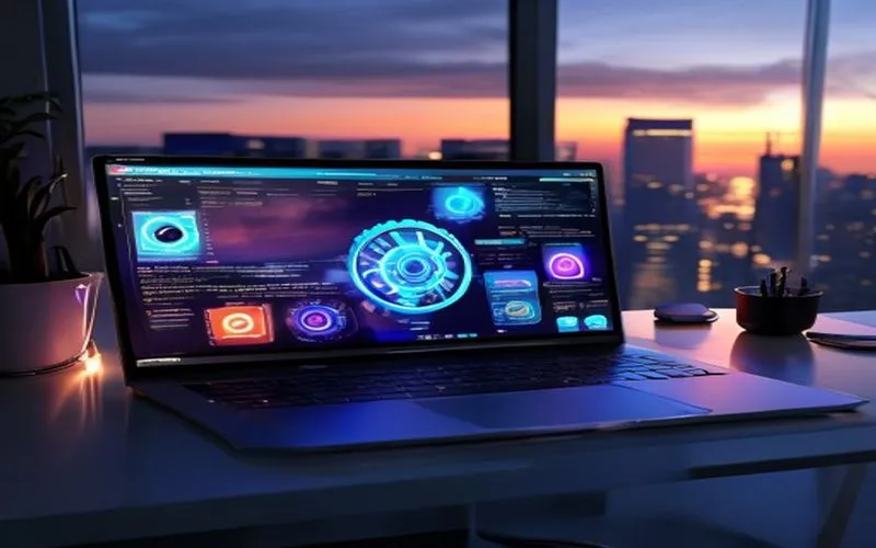 Desain website alat futuristik di layar laptop, latar belakang kota senja.