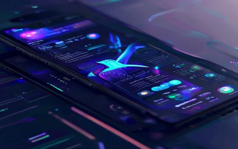 Antarmuka aplikasi Android futuristik dengan gradien warna cerah dan detail menakjubkan.