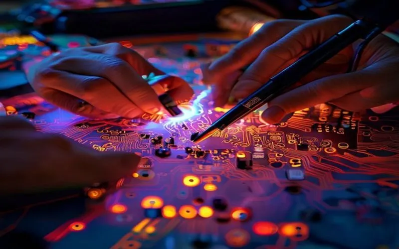 Skilled hands assembling complex circuit board, illuminated by focused light. High precision and stunning detail.