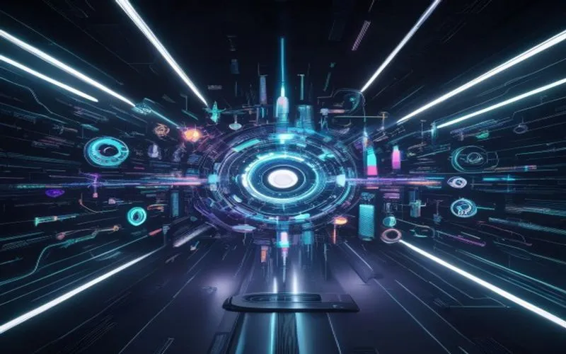 Esensi visual website tools futuristik, antarmuka holografik penuh alat digital canggih dan data.