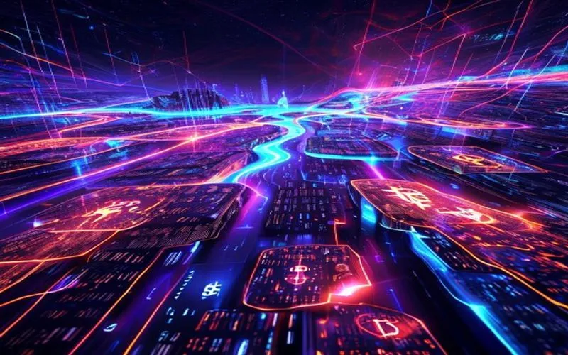 Jaringan Web3 masa depan, dibangun di atas blockchain, dengan data kripto mengalir di lanskap digital menakjubkan.