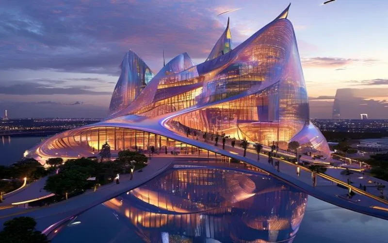 Mahakarya arsitektur futuristik nan kolosal di senja, memancarkan kemegahan dengan kaca dan titanium.