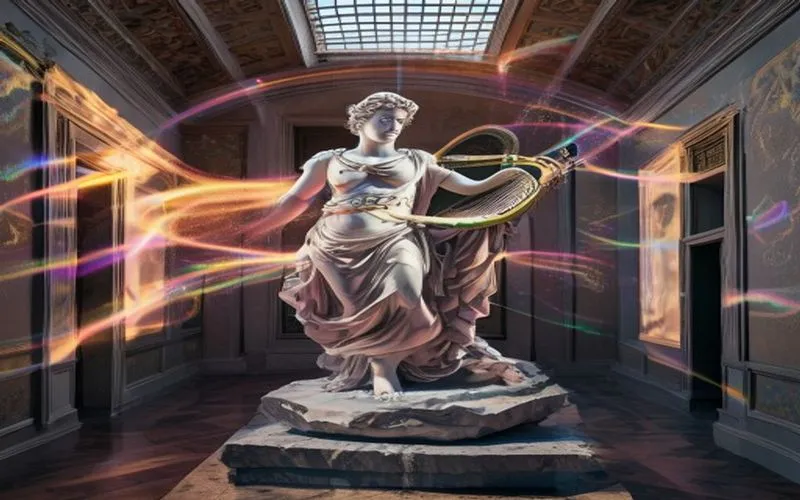 Classical statue in an old gallery emanating futuristic digital art, a fusion of past and future.