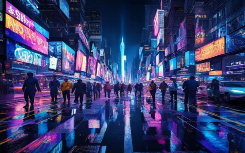 Interaksi manusia dan teknologi di kota futuristik, hujan, malam. Keindahan sekaligus refleksi masa depan.
