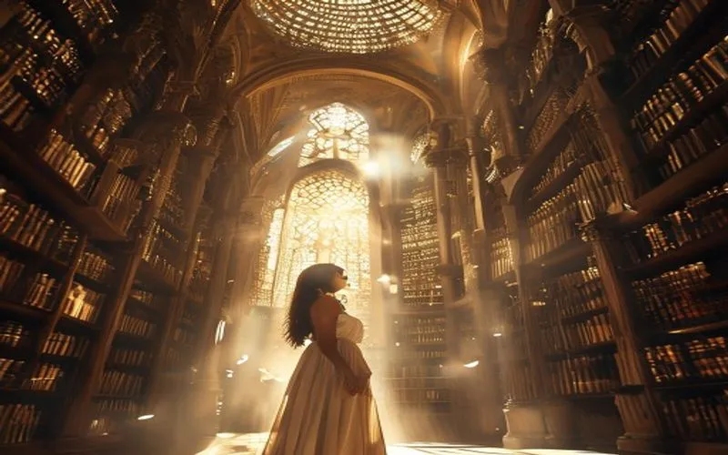Frau in einer alten Bibliothek, umgeben von leuchtenden Büchern und magischen Wörtern.