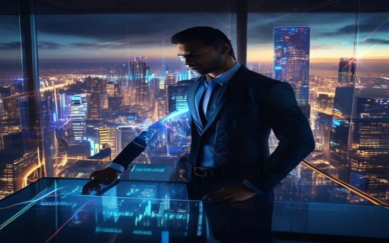 Successful young CEO looking at holographic financial data in a luxurious penthouse office. A vision of the future.