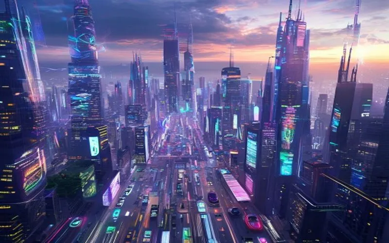 Pemandangan kota futuristik megah saat senja, dipenuhi cahaya neon, transportasi canggih, dan iklan hologram.