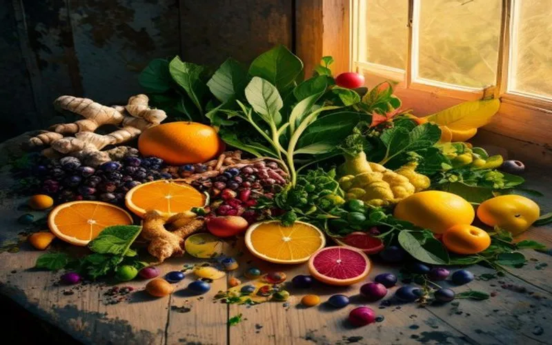 Фотorealistic изображение различных растений, фруктов и овощей