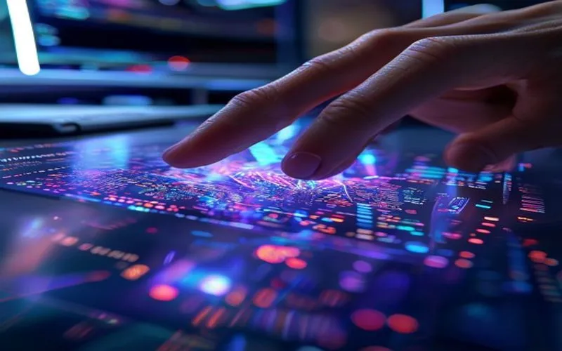 Tangan berinteraksi dengan antarmuka desktop holografik canggih, memvisualisasikan data dan kode futuristik.