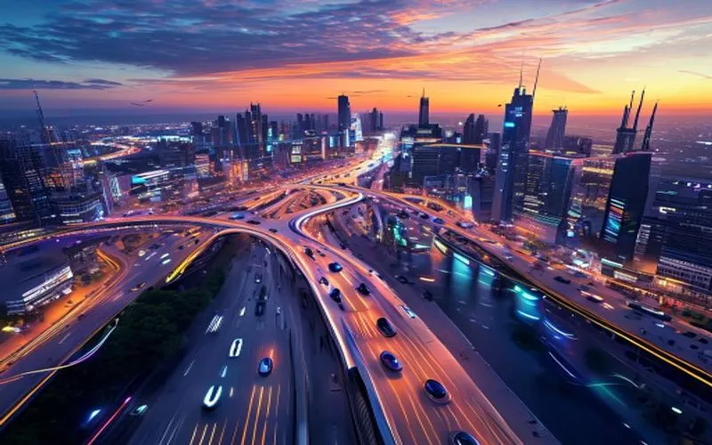 Future city with advanced multi-level, sustainable transportation at dusk.