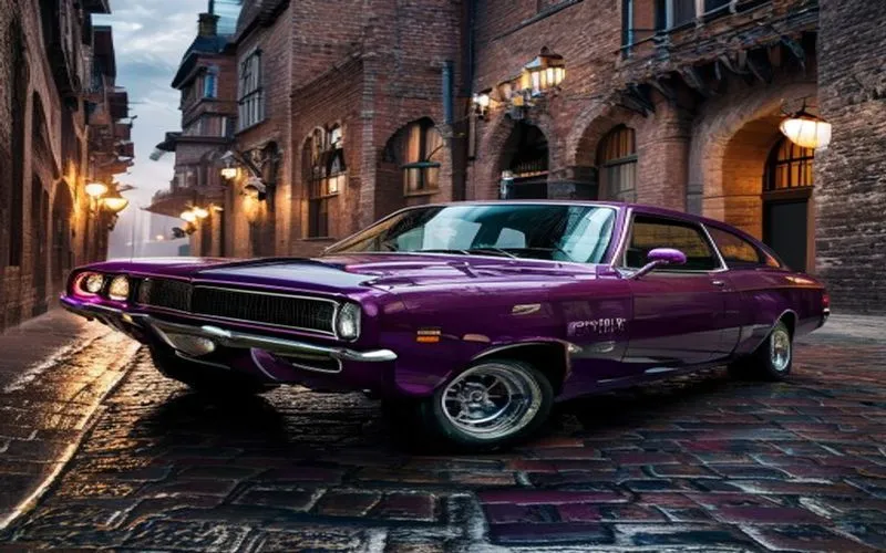 Plymouth Barracuda 1970 ungu metalik di gang Eropa basah, cahaya senja dramatis, detail memukau.