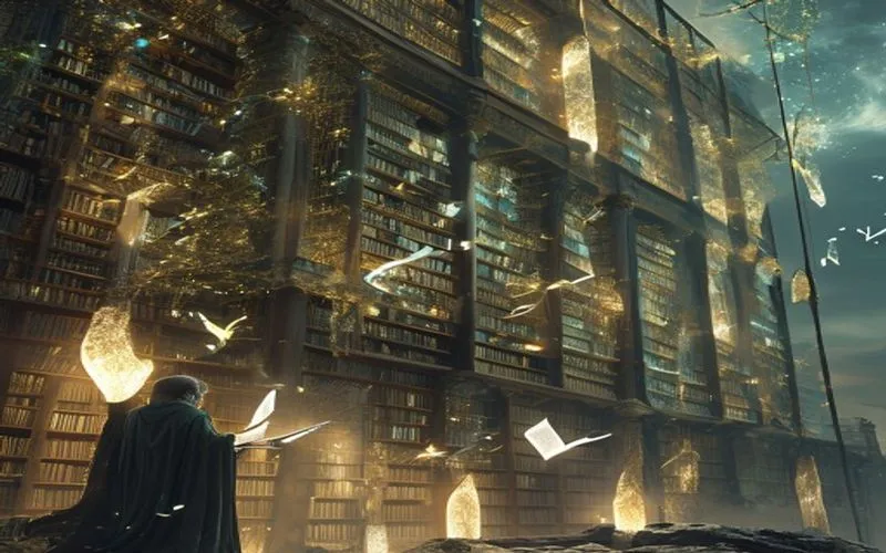 Perpustakaan kuno penuh buku bercahaya, penulis memegang pena bersinar.