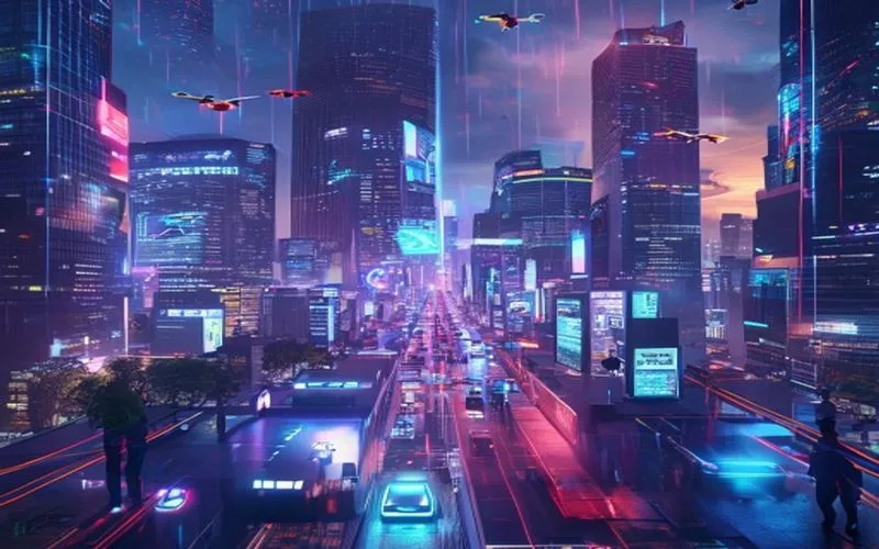 Futuristic cityscape with advanced tech infrastructure