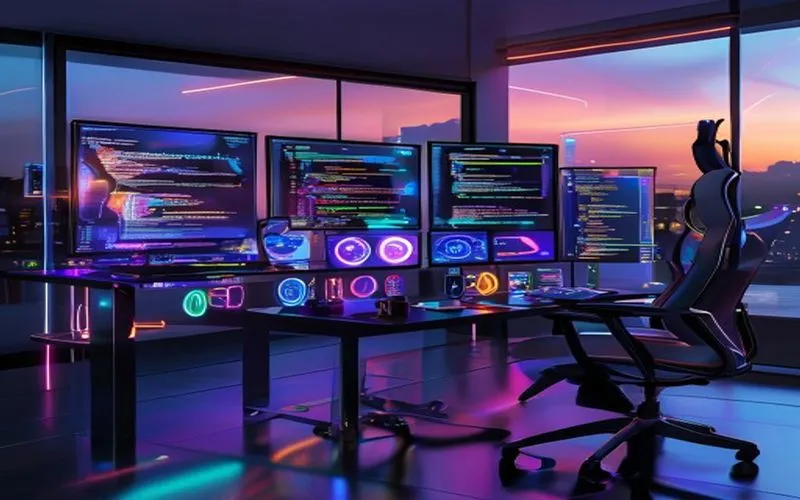 Ruang kerja futuristik dengan monitor alat website berwarna