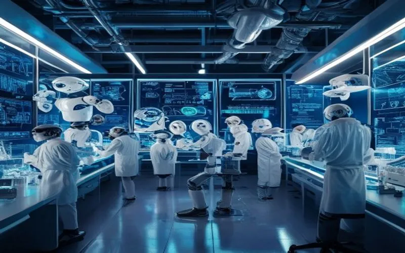 Ultramodern laboratory with robots conducting scientific experiments and scientists supervising.