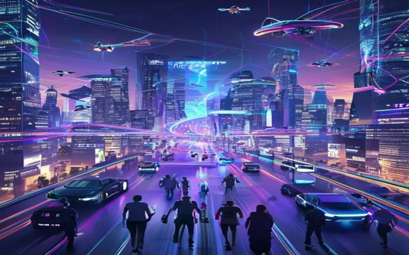 Gambar ini menampilkan sebuah kota futuristik pada malam hari dengan tempat-tempat tinggi yang diketahui oleh bintang2 elektronik hologram. Di pusat gambar, sebuah mobil bergaya berguna atau hovercar berbakat mundur di sungai bintang yang memicu sensasi diikuti oleh bintang warna-warna yang merayap. Di sekitar kota, sebuah jaringan kabel yang tinggi membuktikan hubungan antar beberapa puluhan desa langit yang berhampiran, sambil di bawah itu, sebuah kelompok tangan berkumpul, masing-masing menggunakan teknologi wajah tertentu, berinteraksi dengan kuat dan membawa perhatian kepada hasil penelitian teknologi terbaru yang ditampilkan di bilah hologram besar di bawah kelompok tangan itu.