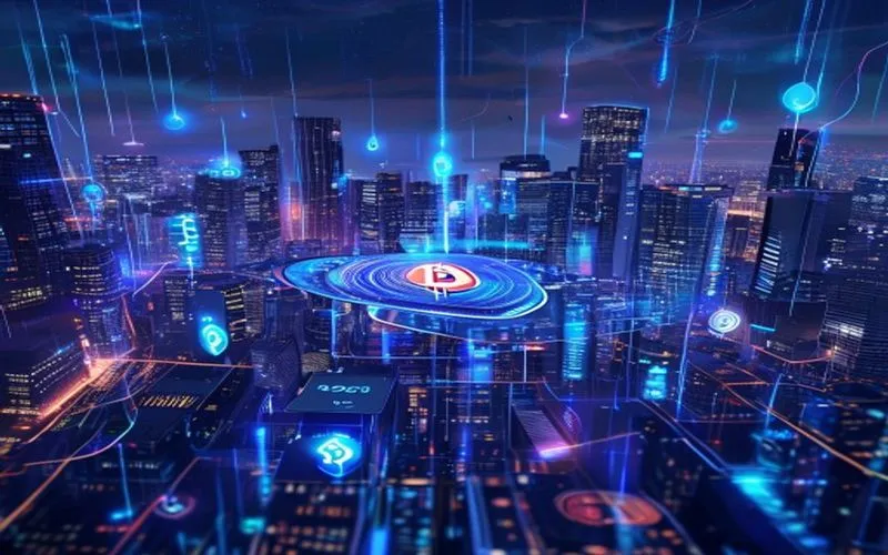 Kota futuristik dengan elemen blockchain, kriptocurrency, dan teknologi Web3