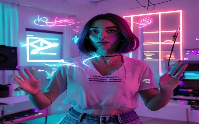 Kreator konten muda mengajar tips FYP, dikelilingi proyeksi holografik media sosial yang dinamis.