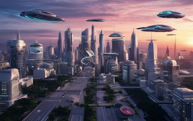 Futuristic city integrated with nature, showing advanced technology harmonizing with the environment