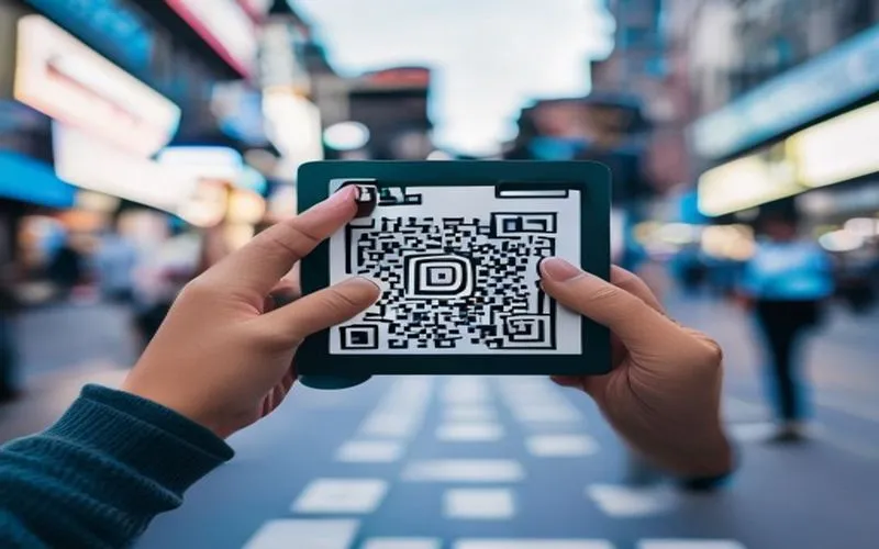 Gambar meng الكافرين مستخدم wallet elektronik menunjukkan kuatnya di kota yang sering dikunjungi saat mereka menghiasi proses pembayaran melalui kode QR. Fotorealisme ini menggambarkan kenyamanan konsumen dalam menggunakan teknologi digital dan keamanan transaksi keuangan yang efisien.