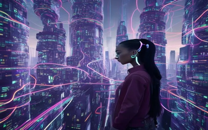 Futuristic blockchain city with glowing data, Web3 interaction. Masa depan digital yang spektakuler.