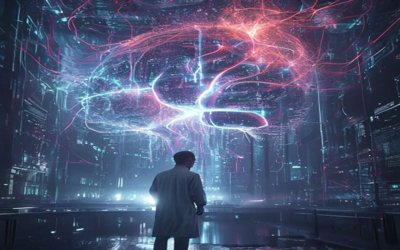 Jaringan neural futuristik di otak manusia, menampilkan interaksi AI secara visual