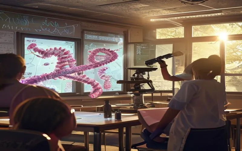 Kelas biologi interaktif dengan mikroskop canggih dan proyeksi DNA 3D untuk memvisualisasikan konsep sains.