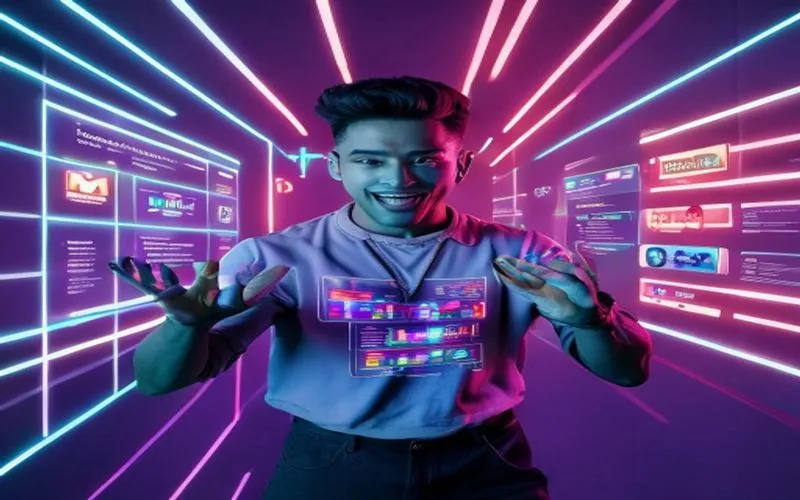 Kreator memandu cara FYP di sosmed dengan antarmuka holografik futuristik, penuh energi.