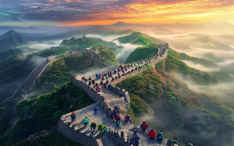 Taman Great Wall China di pagi, turis berjalan, nuansa mistik.