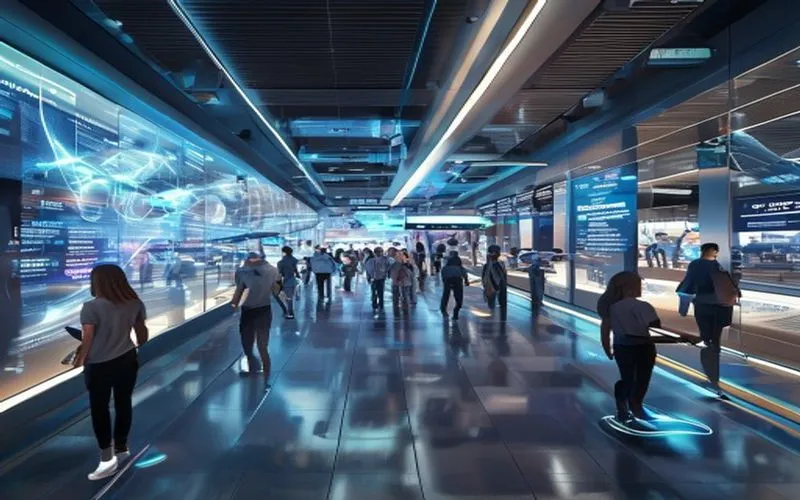 Pemandangan dari salah satu pusat transportasi futuristik dengan kendaraan efisien dan teknologi canggih, mencerminkan kemajuan infrastruktur dan pekerjaan terkait.