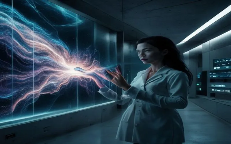 Ilmuwan wanita di fasilitas futuristik, diterangi hologram raksasa data kosmik yang menakjubkan