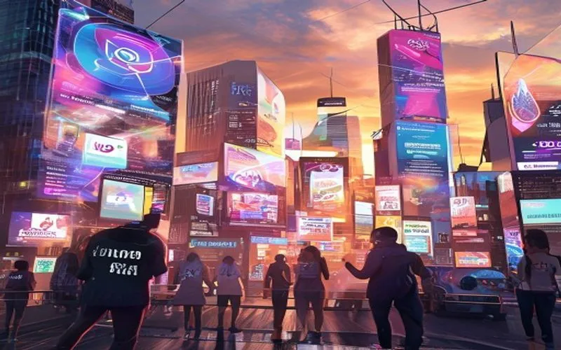 Holographic table showing digital communication and people from different cultures interacting with technology