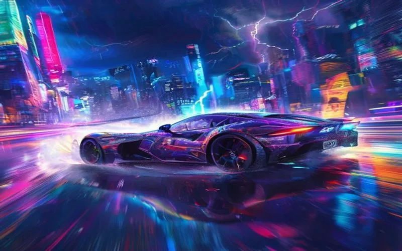 Futuristic motorcycle speeding through a neon-lit smart city at night, with a stormy, lightning-filled sky overhead.