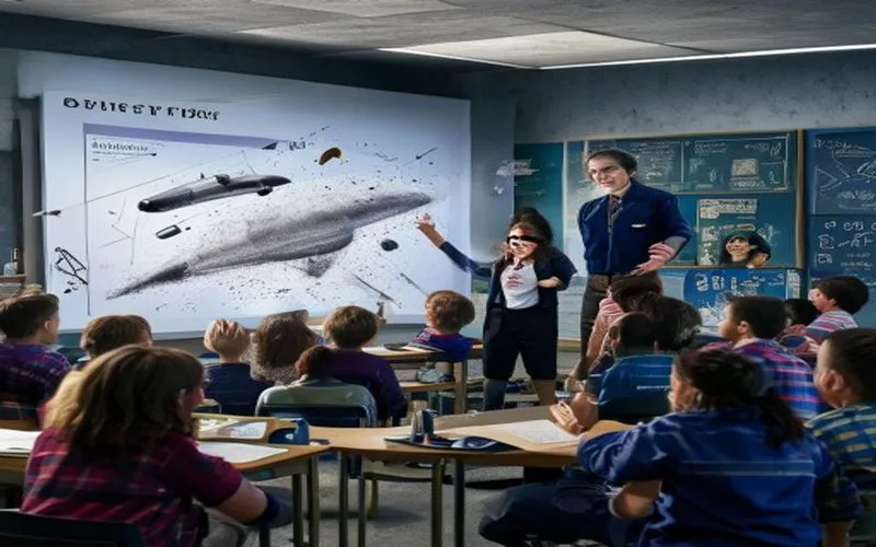Interactive physics classroom with large blackboard