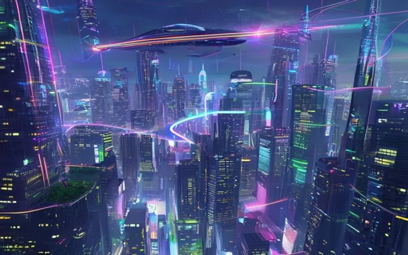 Futuristic city at night, with tall buildings adorned with holographic advertisements and vibrant lights. In the city center, a strong, modern structure pierces the sky, adorned with magnificent time stages. Around the city are vast green fields with vertical farms in the background.