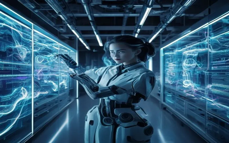 Ilmuwan di Lab Futuristik Berinteraksi dengan Holografik