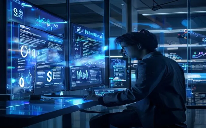 Analisis SEO futuristik di kantor canggih malam dengan hologram data.
