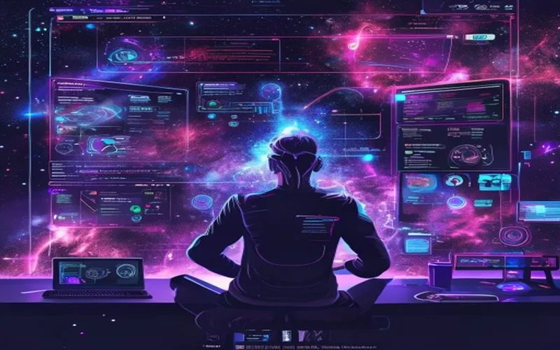 Situs website masa depan dengan antarmuka minimalis dan gaya futuristik.