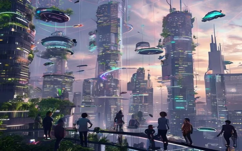 Futuristic city with vertical hydroponics and flying cars