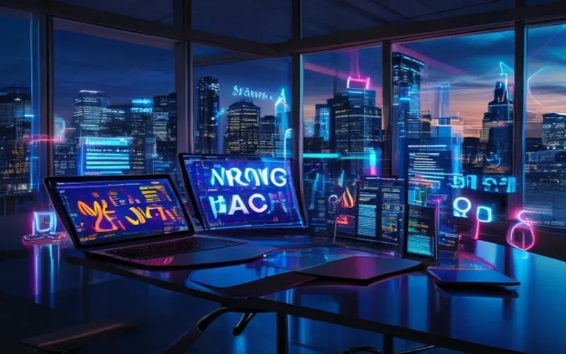 Ruang kerja SEO futuristik dengan laptop, grafik, dan hologram.
