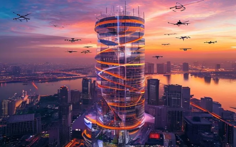 Futuristic spiral building in a busy city.