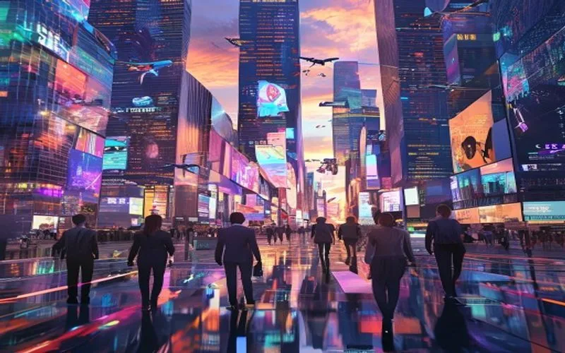 Futuristic financial city landscape with dynamic economic activity